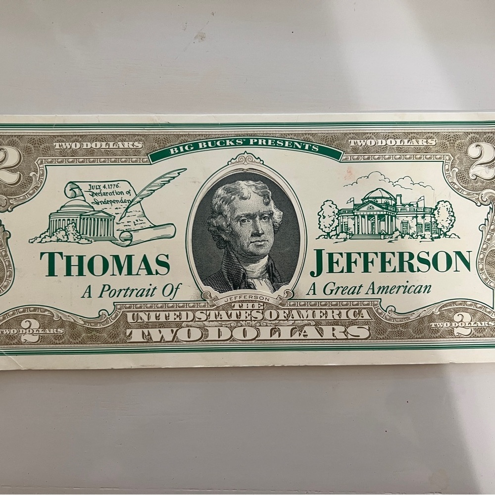 Vintage 90s Thomas Jefferson Novelty Two Dollar Bill booklet